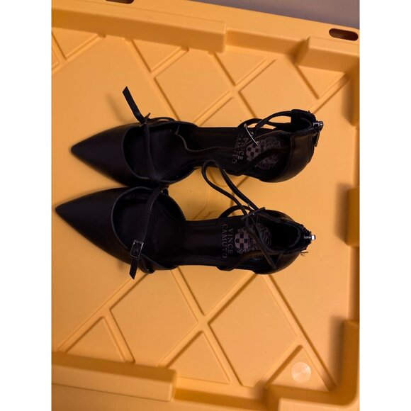 Vince Camuto Black Leather Pointed Toe Ankle Strap Heels With Back Zipper 7 SIZE - Picture 2 of 7